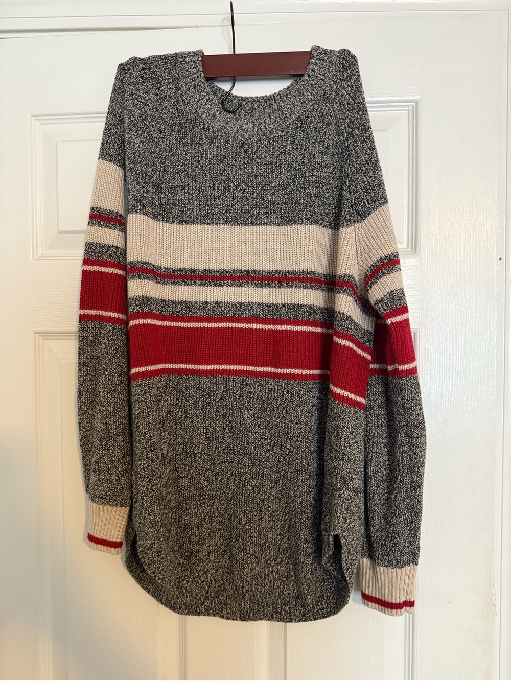 ROOTS - Cozy Crewneck Stripe Sweater in Gray, Cream & Red